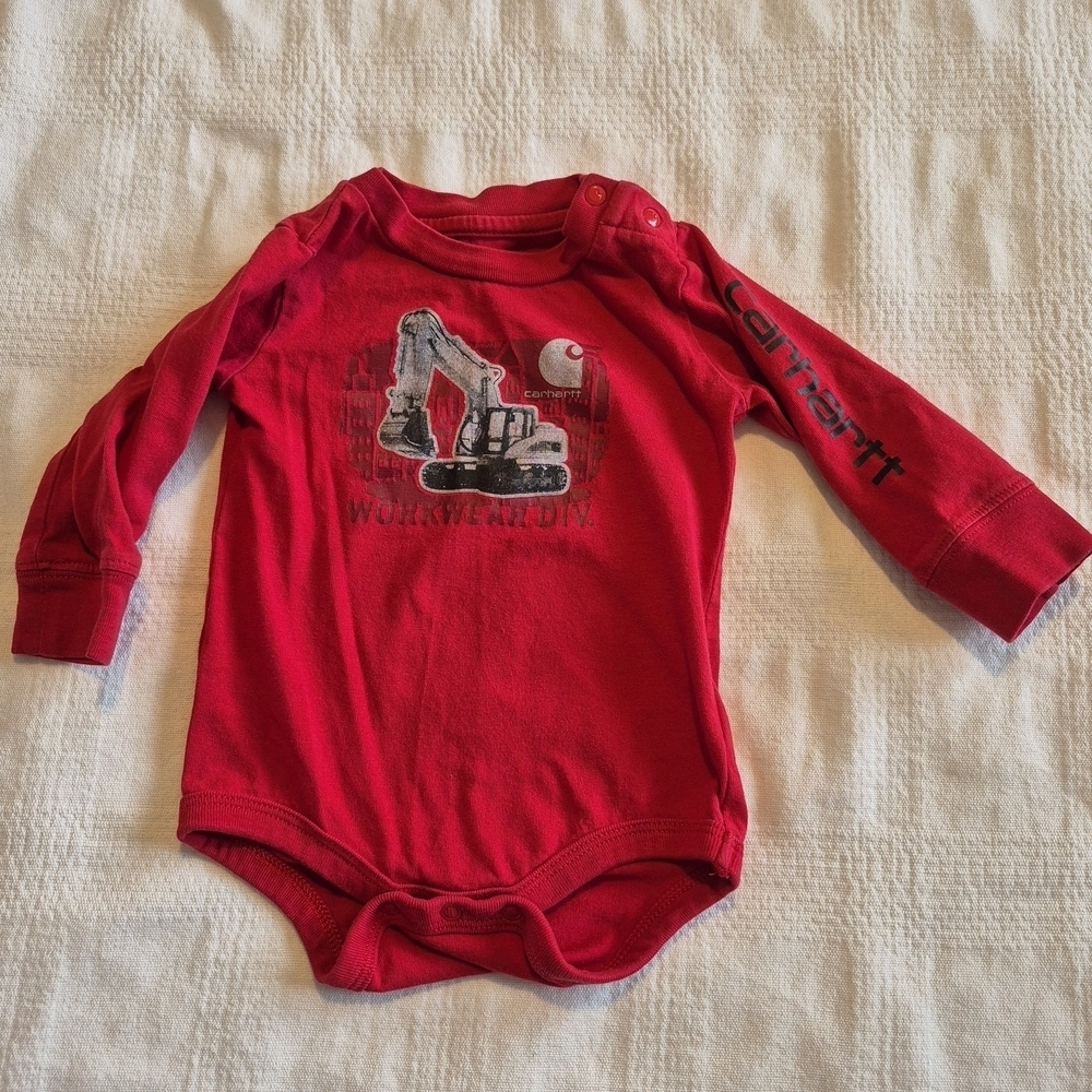 Carhartt boys size 6 months long sleeve bodysuit with excavator print VGUC